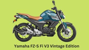 "Yamaha FZ-S Fi V3 Vintage Edition motorcycle in brown and black color scheme, front view on a city street with buildings in the background"