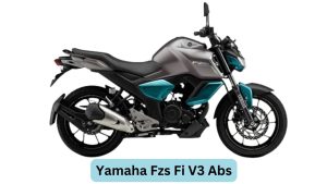 "Yamaha FZS Fi V3 ABS motorcycle in blue color scheme, front view on a city street with buildings in the background"