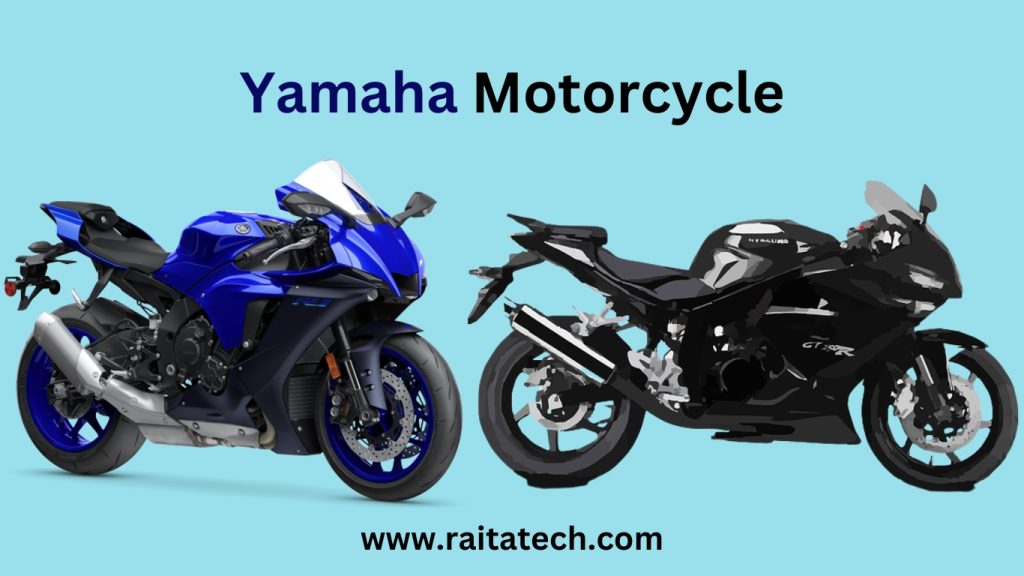 "Yamaha motorcycle on a winding road with the rider leaning into a turn. The sleek design and powerful engine make for an exhilarating ride."