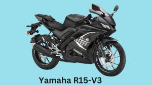 "Yamaha R15-V3 motorcycle in a dynamic racing stance with a sleek aerodynamic design and a 155cc liquid-cooled engine. Perfect for the sport-minded rider looking for a high-performance bike"