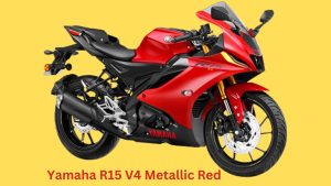"Yamaha R15 V4 in a Metallic Red color, featuring a sporty and aerodynamic design with a 155cc liquid-cooled engine. Perfect for riders who want a high-performance motorcycle with a bold and stylish look."