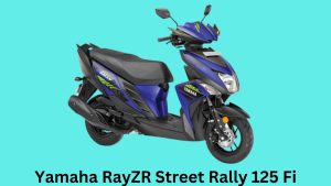 "Yamaha RayZR Street Rally 125 Fi scooter in blue and white, front view on a city street with buildings in the background"