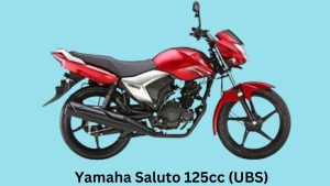 "Yamaha Saluto 125cc motorcycle in silver color scheme, front view on a city street with buildings in the background"