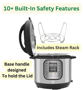 A silver stainless steel Instant Pot Duo 7-in-1 Electric Pressure Cooker with black control panel and lid on a countertop. The appliance has multiple cooking functions including pressure cooking, slow cooking, rice cooking, steaming, sautéing, making yogurt, warming, and sterilizing. The 6 quart capacity is suitable for cooking for a family of 4 or more