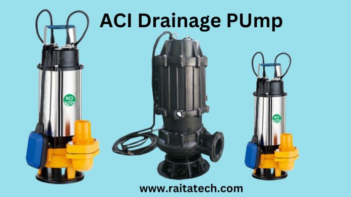A black and yellow ACI Drainage Pump sitting on the ground next to a pool of water. The pump has a power cord attached to it and a hose coming out of the top. The pump is roughly cylindrical in shape with a wider base and a narrower top.