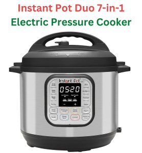 The Instant Pot Duo, a stainless steel 7-in-1 electric pressure cooker with a 6 quart capacity and 800+ recipe companion app