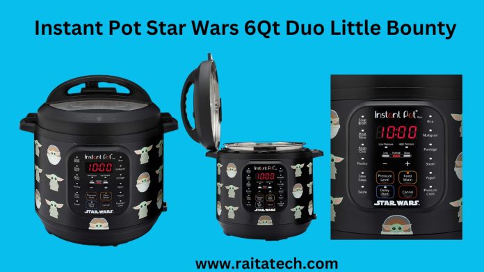 Image of the Instant Pot Star Wars 6Qt Duo Little Bounty in black, featuring Star Wars-inspired graphics on the exterior. The pressure cooker has a digital display panel with easy-to-use controls, and comes with accessories including a stainless steel steam rack, rice paddle, soup spoon, and measuring cup. The appliance has a 6-quart capacity and 7-in-1 functionality, and includes 14 smart programs to easily cook a variety of meals