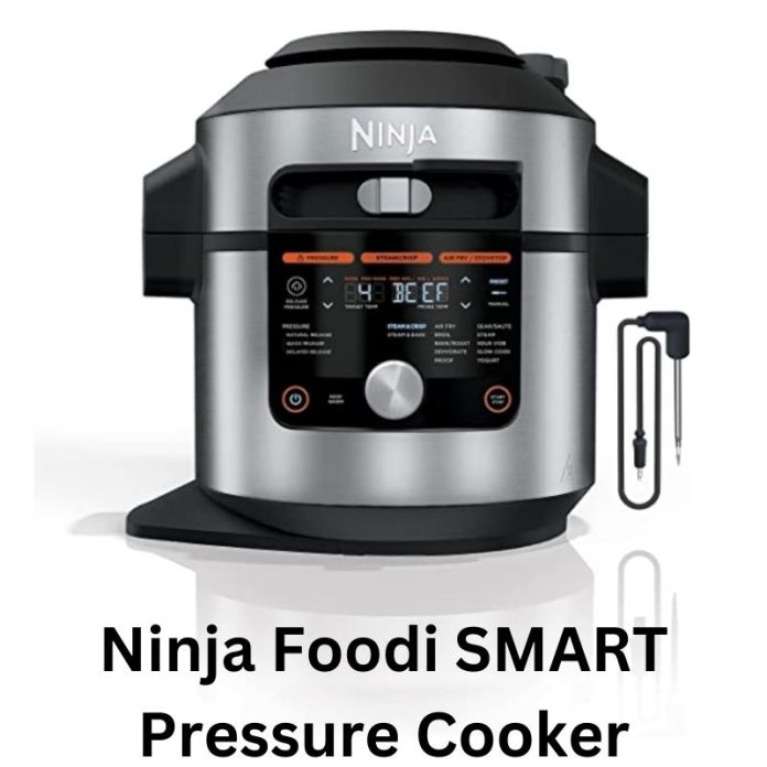 Silver and black Ninja Foodi XL 8 Qt 14-in-1 SMART Pressure Cooker on a countertop, with a control panel and display screen