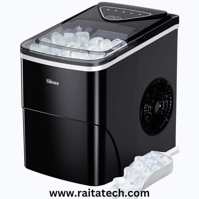 Silonn Countertop Ice Maker with self-cleaning function and two bullet ice sizes. Efficiently produces 9 cubes in 6 minutes and up to 26lbs in 24 hours, suitable for home, kitchen, office, bar, and parties.