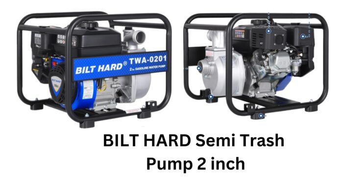 BILT HARD Semi Trash Pump - A powerful 2-inch gas-powered water pump with 6.5HP engine, 158 GPM flow rate, and debris-handling capability. Includes 50 ft discharge hose, 12 ft suction hose, fittings. EPA Certified.