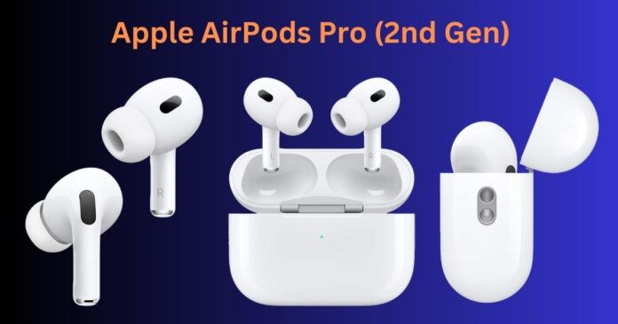 Apple AirPods Pro (2nd Generation) wireless earbuds with USB-C charging, advanced active noise cancelling, transparency mode, adaptive audio, and personalized spatial audio.