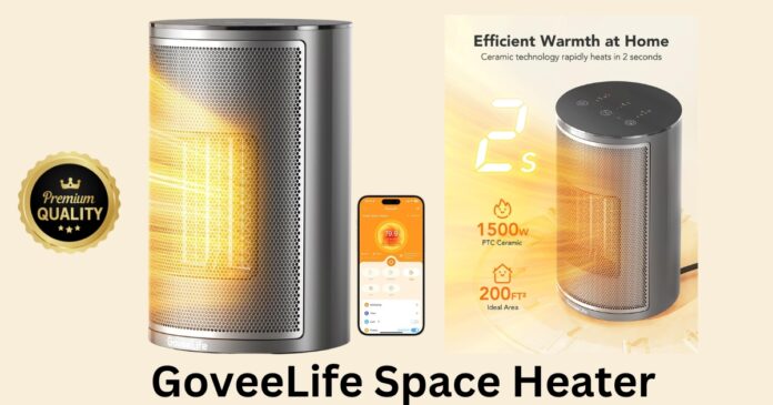 A cozy living room setting with the GoveeLife Indoor Space Heater taking center stage. The stylish grey heater sits elegantly in the room, emitting warmth and comfort. A person is seen using a smartphone to control the heater via the GoveeLife app, showcasing the convenience of smart technology. The image exudes a tranquil atmosphere, highlighting the seamless integration of the space heater into modern living spaces.