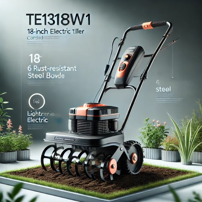 A clean and professional image of the LawnMaster TE1318W1 Corded Electric Tiller in a garden setting. The sleek black and orange tiller is shown tilling fresh soil, with a minimal and uncluttered background. Key features such as '18-Inch Cutting Width,' '6 Rust-Resistant Steel Blades,' 'Eco-Friendly Electric Power,' and 'Lightweight & Foldable Design' are highlighted with simple text overlays.