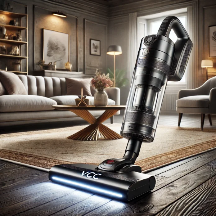 User efficiently cleaning a modern living room with a VCC cordless vacuum cleaner featuring LED lights and powerful suction.