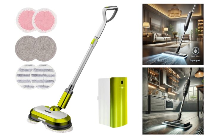 Cordless electric mop gliding over a hardwood floor, effortlessly removing dirt and grime with its spinning mop heads