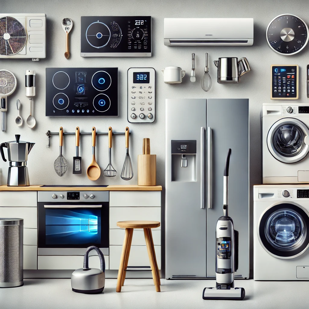 A modern home setting featuring various home appliances, including a sleek refrigerator, microwave oven, induction cooktop, dishwasher, vacuum cleaner, washing machine, air conditioner, and smart home devices like a thermostat and lighting system. The appliances are designed with an eco-friendly and energy-efficient focus.