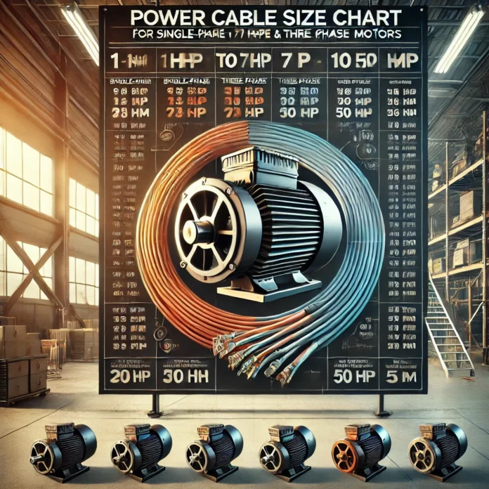Power Cable Size Chart for Single-Phase (1 HP to 7 HP) and Three-Phase Motors (10 HP to 50 HP). Includes cable sizes in mm² and diameters in mm for safe and efficient motor installation.