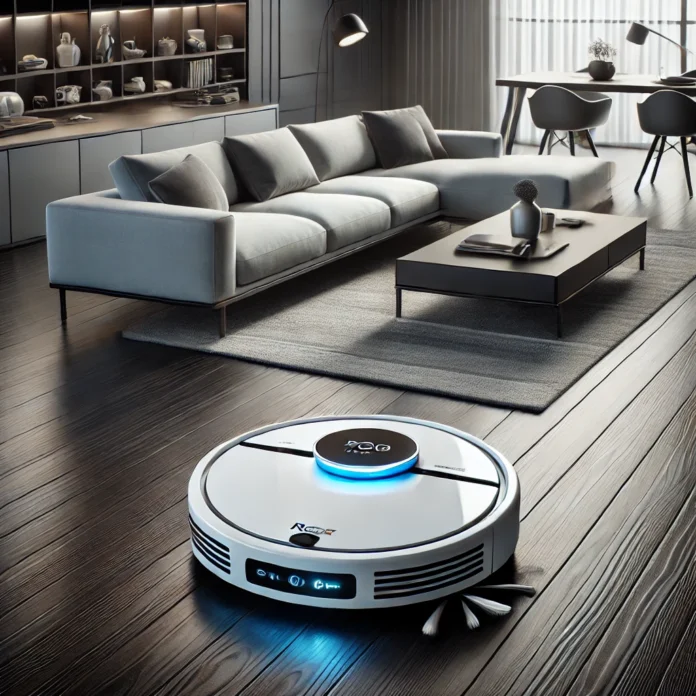 Modern living room with a shiny wooden floor and a stylish sofa, featuring the Narwal Freo X Ultra Robot Vacuum and Mop Combo in action. The robot vacuum is sleek, with a white and blue design and an LED status indicator, emphasizing the cleanliness and advanced technology in a home setting.